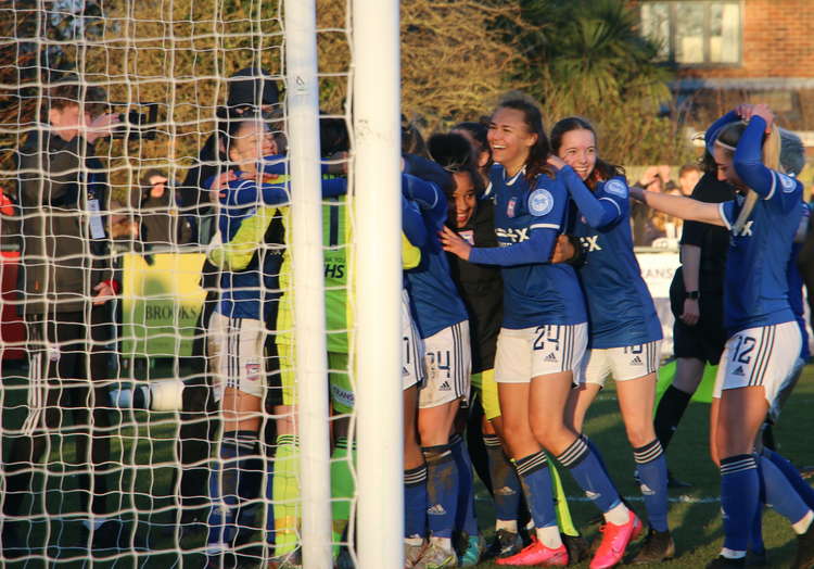 Paige Peake celebrates after helping win penalty shoot out against Saints (Picture credit: Ian Evans/Felixstowe Nub News)