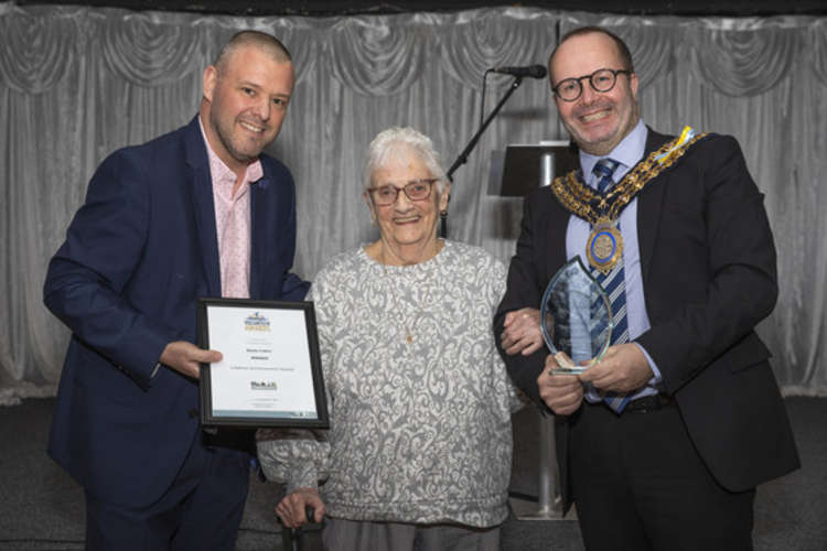 Lifetime Achievement Award winner Stella Calkin alongside Mayor of Basildon Cllr David Dadds and representative from award sponsor Precision Lifts