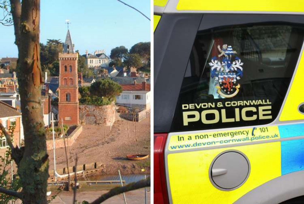 L: Lympstone (Wikimedia Commons). R: Stock image of Devon and Cornwall Police vehicle (Pixabay)