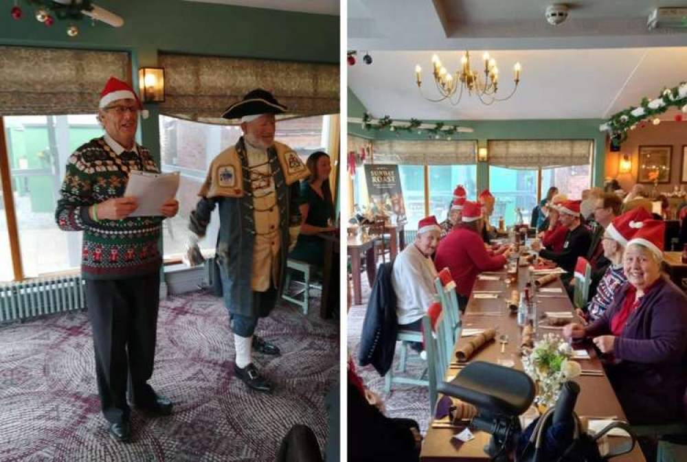 L: Exmouth Mayor Steve Gazzard, Town Crier Roger Bourgein. R: Exmouth Stroke Survivors Club members enjoying a Christmas dinner