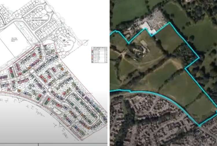 L: The new layout with simplified road system (Credit: ara architecture). R: Goodmores Farm development area (Credit: Google Maps)