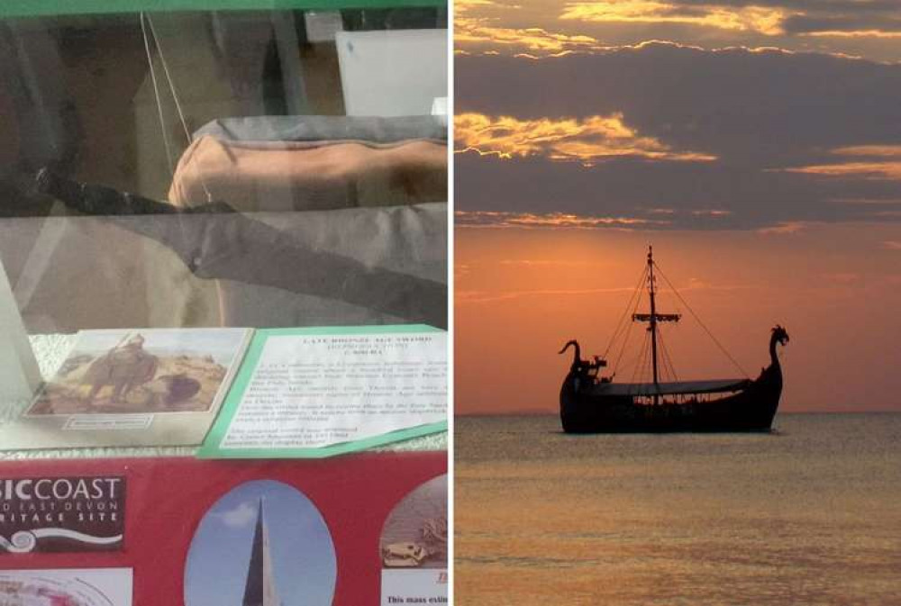 L: Replica Bronze Age sword on display in Exmouth Museum (Mike Menhenitt) R: Viking longship stock image (Pixabay)