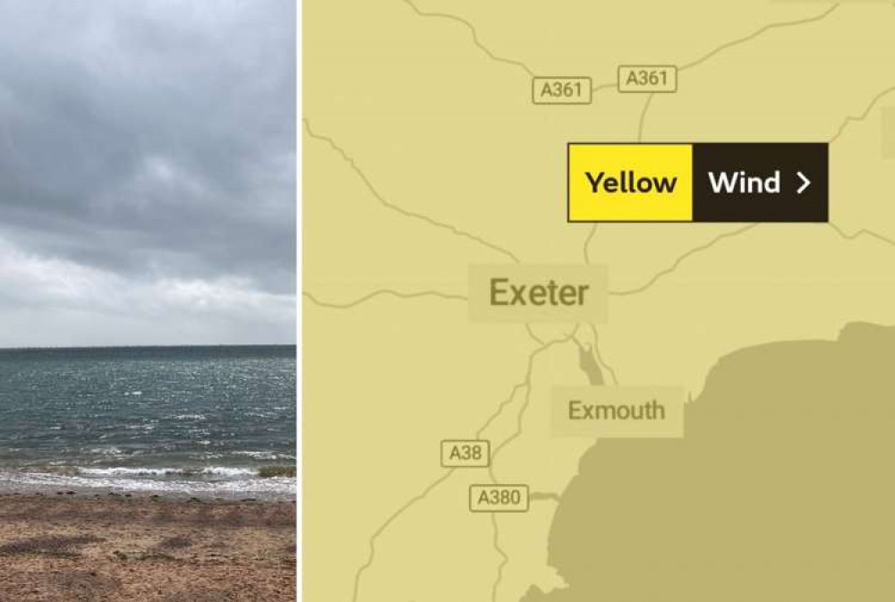 L: Exmouth beach. R: Met Office weather warning