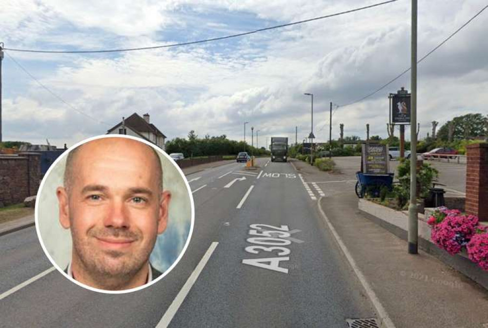 Cat and Fiddle, currently a 50 mph zone (Google Maps). Inset: Cllr Richard Scott (Devon County Council)