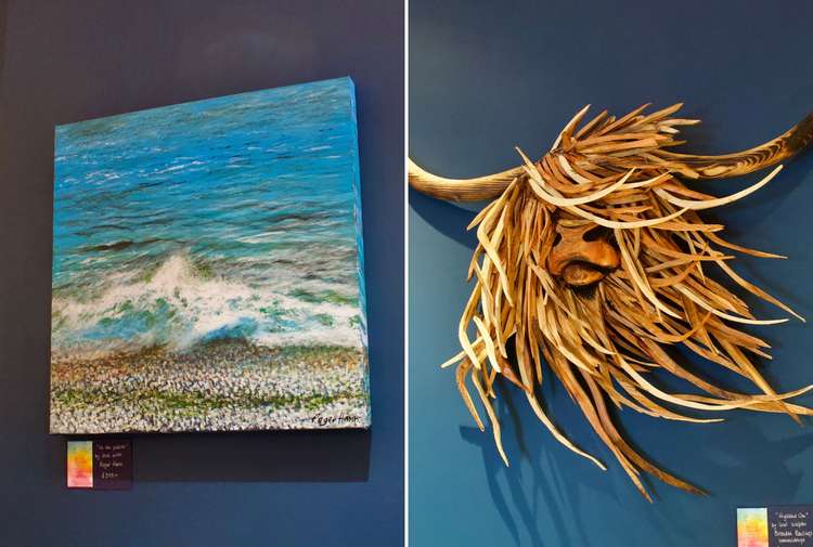 Artwork by local artist Roger Hann (left) and driftwood sculptures by Brendan Rawlings (right) hanging in the restaurant (Nub News, Will Goddard)