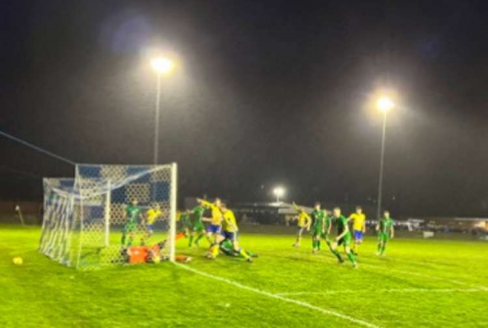 Ace High sees his header creep in to give Town a 1-0 lead (Exmouth Town FC)