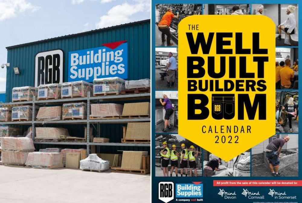 L: RGB Building Supplies' Exmouth branch. R: The Well Built Builders Bum 2022 calendar (RGB)