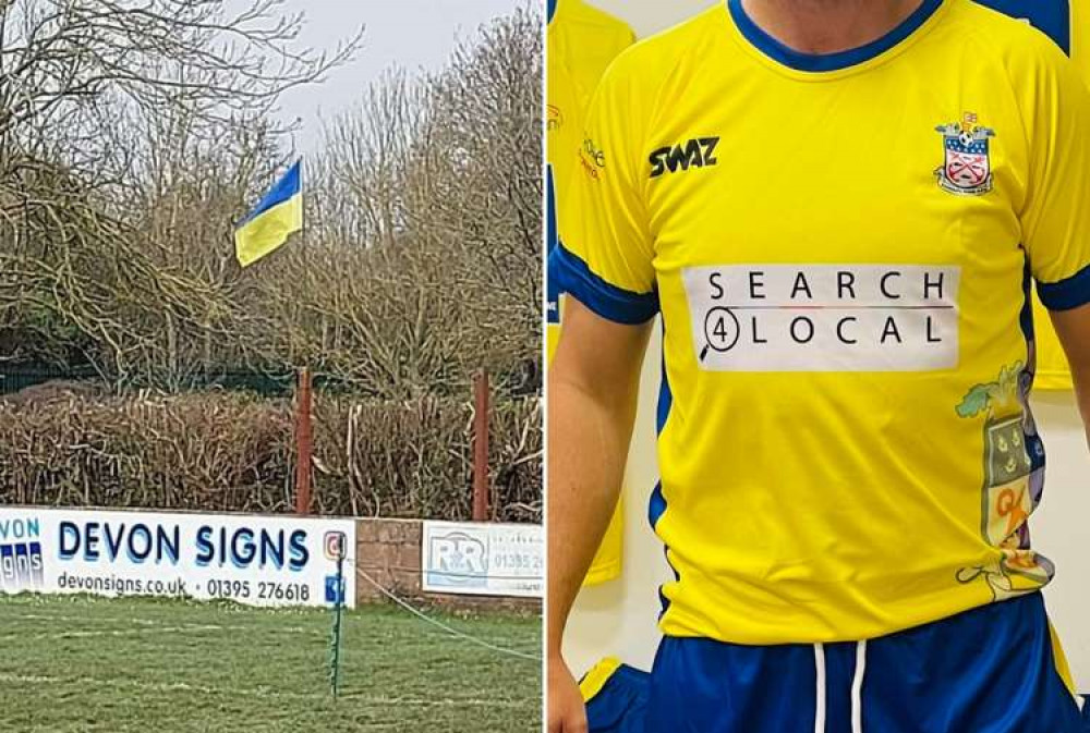 L: Ukraine flag at the ground. R: Exmouth Town FC's yellow and blue change kit (Martin Cook)