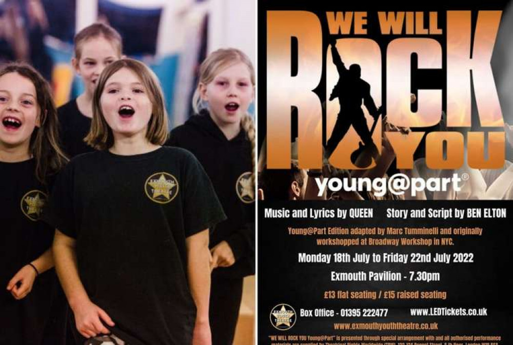 L: (From left) Saule, Edie, Imogen, Holly, Romilly, Sally. R: We Will Rock You poster (Exmouth Youth Theatre)