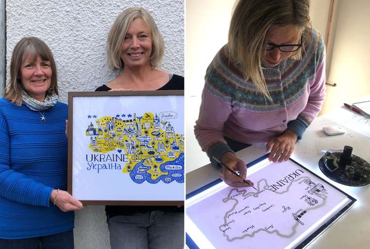 L: Marcia Fletcher (left) and Julia Gash (right) with the new print. R: Julia Gash at work (Julia Gash Enterprises Ltd)