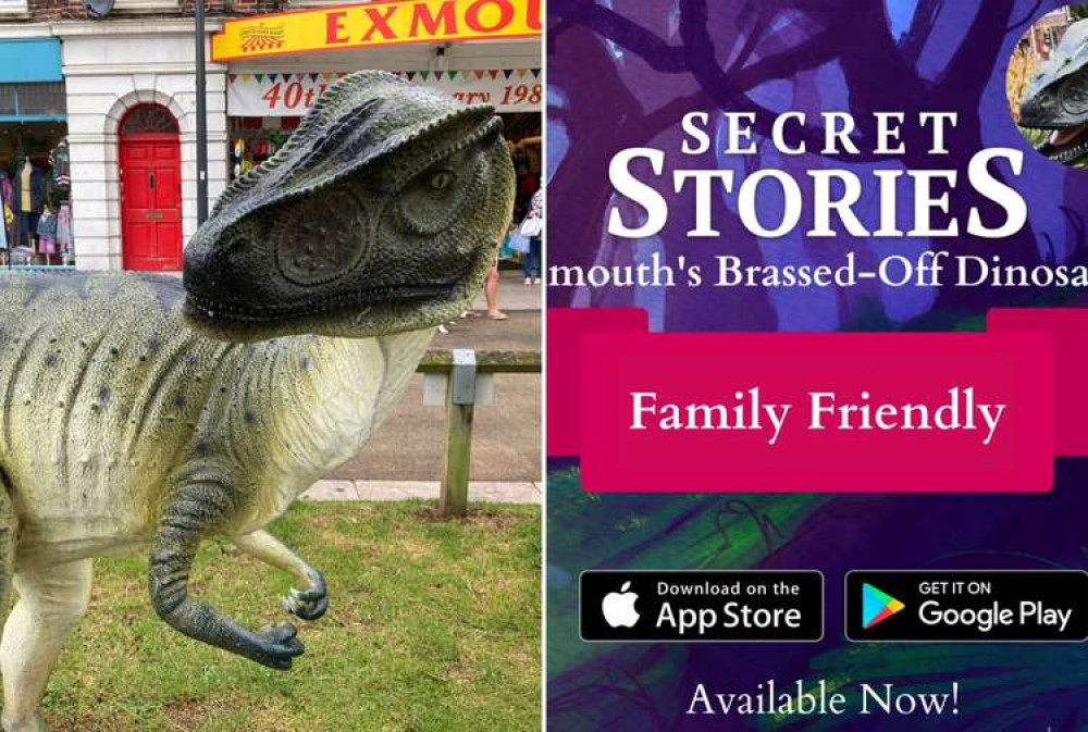 L: A dinosaur on the Strand, Exmouth (Nub News, Will Goddard). R: Secret Stories app flyer (Exmouth Town Council)