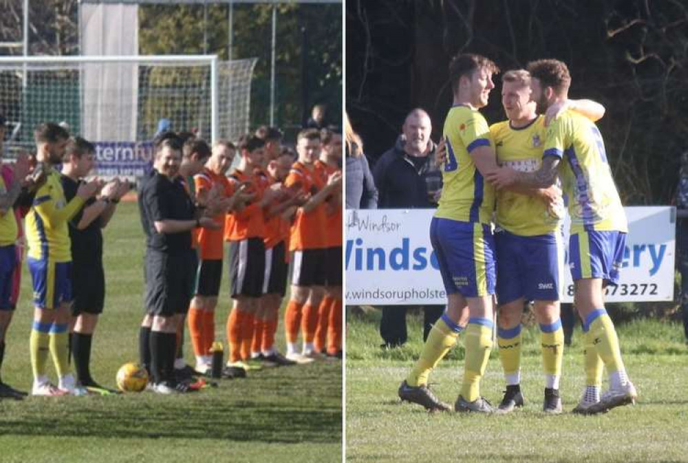 L: Exmouth Town FC's match vs Wellington on Saturday 5 March. R: Levi Landricombe being congratulated for second goal (Gerry Hunt)