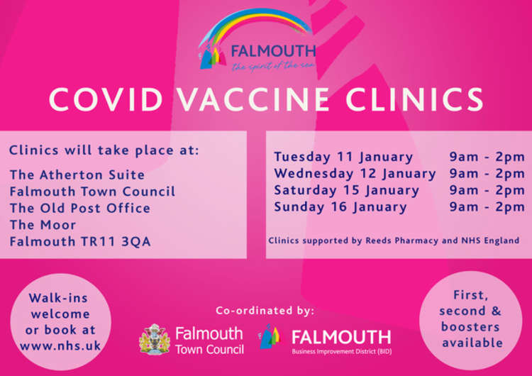 A poster detailing information of the next vaccine clinics in Falmouth.