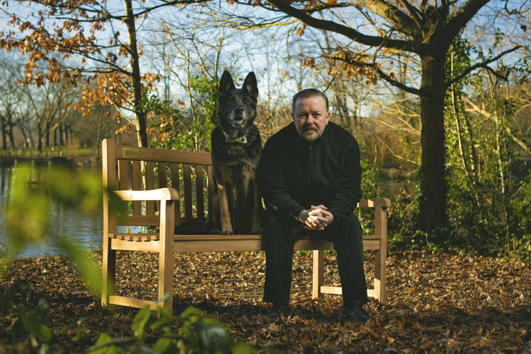 The third season of After Life is out now. Picture of Ricky Gervais on a Bench of Hope as seen in After Life.