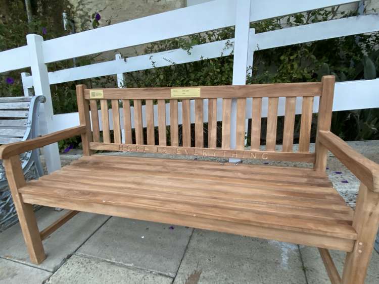 Full image of the bench at Gyllyngdune Gardens to commemorate the new series of After Life.