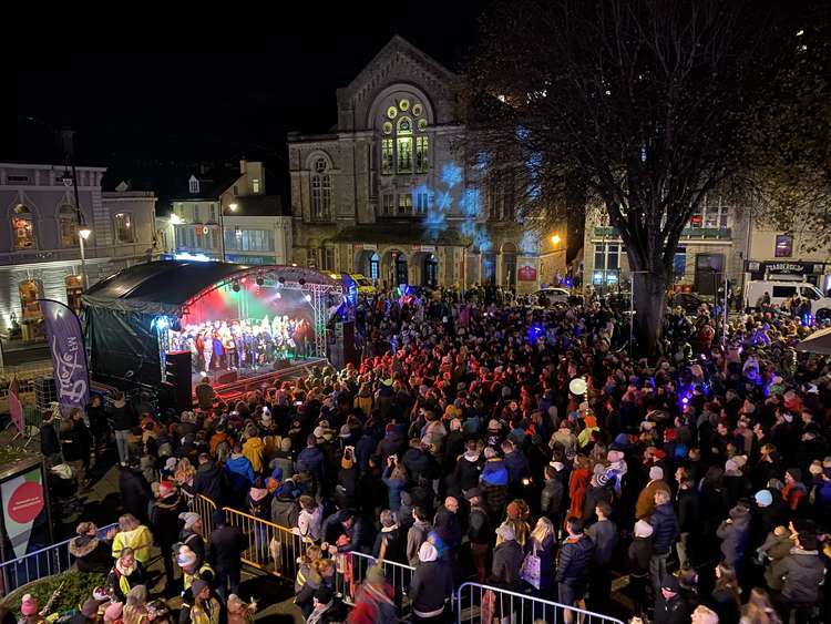 Huge crowds came out for the return of the Christmas lights. Picture of Falmouth Christmas lights 2021.