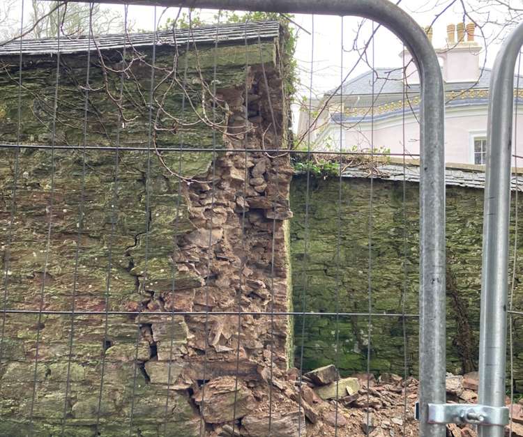 The damaged wall at Marlborough House, Silverdale Road. Picture shared by Jude Robinson - Arwenack Councillor.