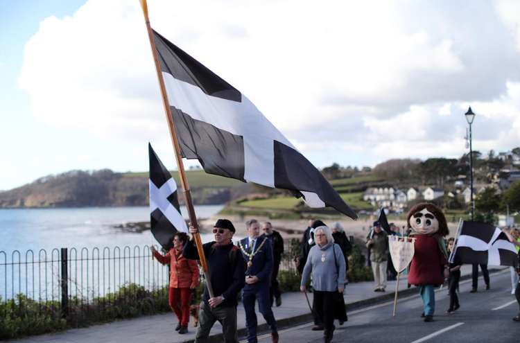 St Piran's Day celebrations in Falmouth, Mayor and Mayoress Steve and Vicky Eva lead the parade. Photo taken by Robin Markland.