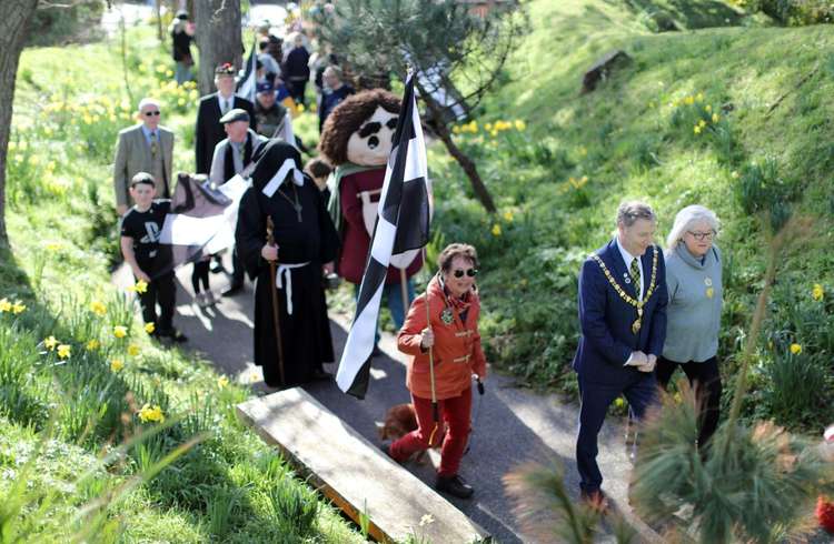 St Piran's Day celebrations in Falmouth, Mayor and Mayoress Steve and Vicky Eva lead the parade. Photo taken by Robin Markland.