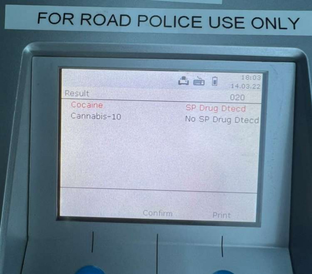 The photo of the drivers positive drugs test on the A39 Penryn. Credit: Devon and Cornwall Police - No Excuse.