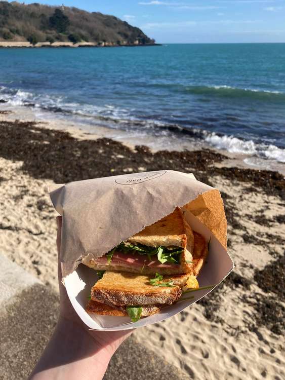 Sourdough toasties made from locally produced Vicky's bread - ham, emmental and red onion chutney with fresh rocket.