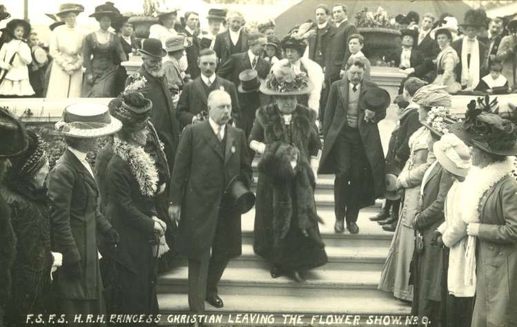 First Falmouth Spring Flower Show opened by Queen Victoria's daughter Princess Christian on 21st April 1910. Seen here leaving Gyllyngdune Gardens. Photo credit: The Poly.