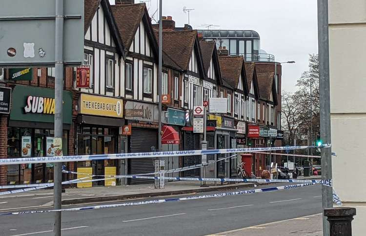 The crime scene at Surbiton Road in Kingston this morning