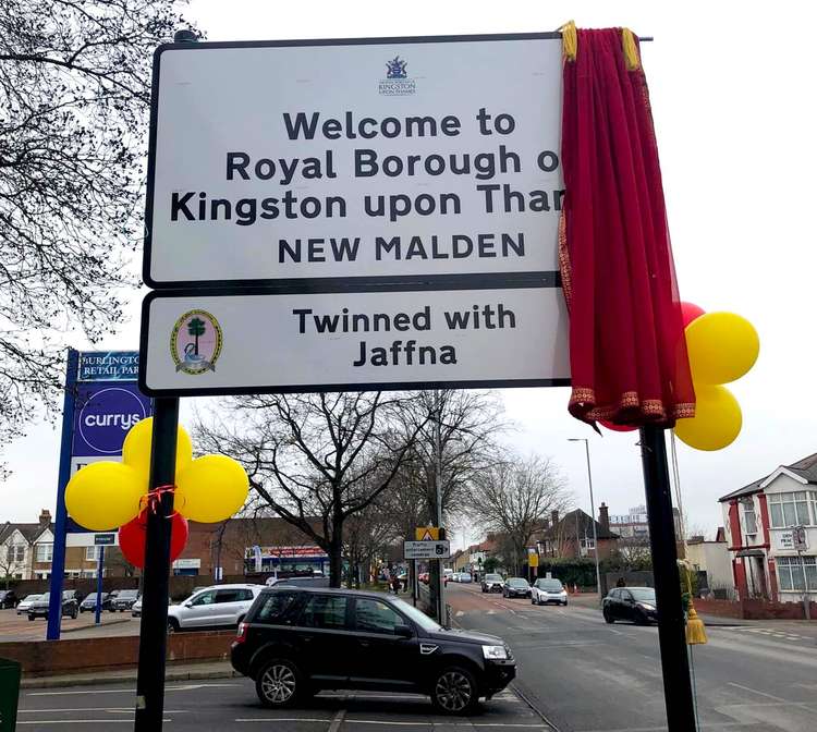 A sign marking the twinning of Kingston with Jaffna, Sri Lanka, was unveiled before the event (Image: owner of Laxmi Sri Lankan restaurant)