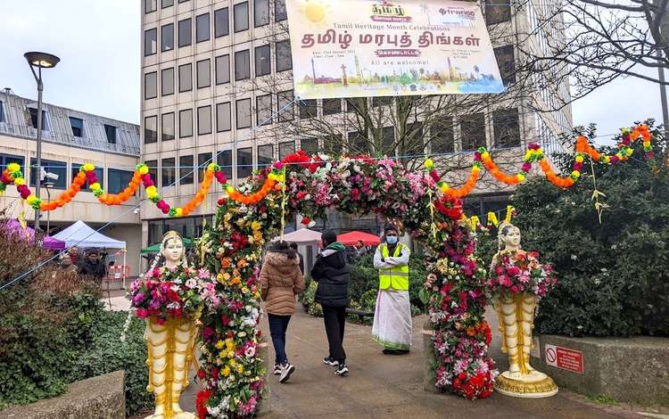 Decorations in St George's fair, New Malden, for the Tamil heritage celebrations (Image: Ellie Brown)