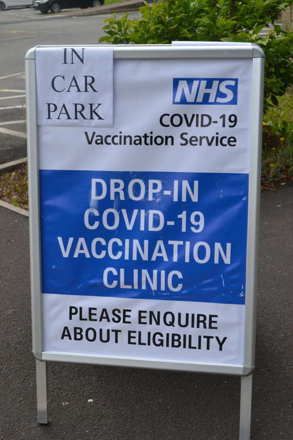 The sign for the drop in vaccine site back in the summer in Radstock