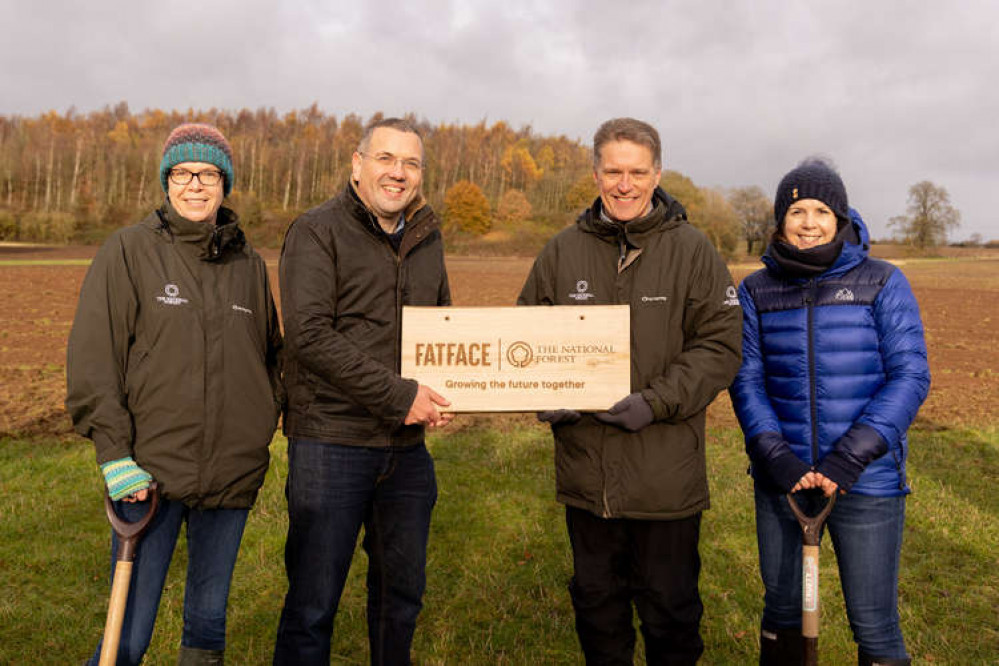 FatFace and the NFC mark their partnership in the National Forest. From left: Louise Driver, Director of Operations, NFC; Will Crumbie, FatFace CEO; David Bourque, DIrector of Development, NFC; Laura Praeger, FatFace International Merchandiser.