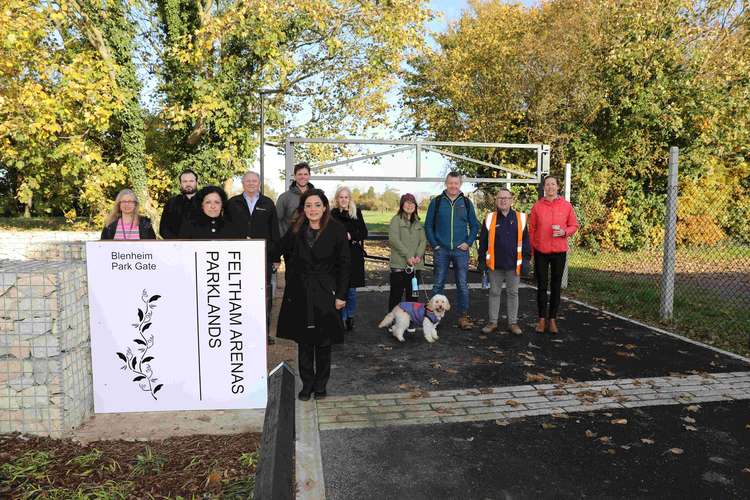 Cabinet Member for Leisure Services Cllr Samia Chaudhary joins community members and the project team at the opening of the Feltham Arenas Parklands improvements at Blenheim Park Gate. (Image: London Borough of Hounslow)