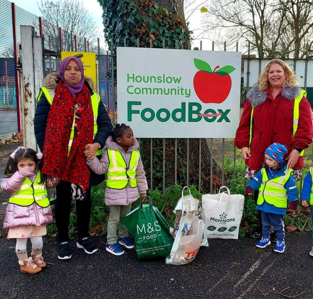 Team members and children from Pump House Nursery drop-off festive goods to Hounslow FoodBox. (Image: CC Nurseries Group)