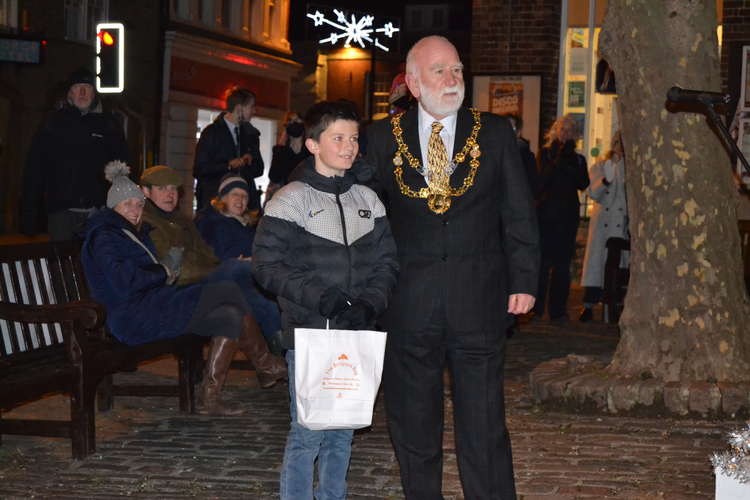 Cllr Ian Bark with Theo Poole, the winner of the Christmas card competition