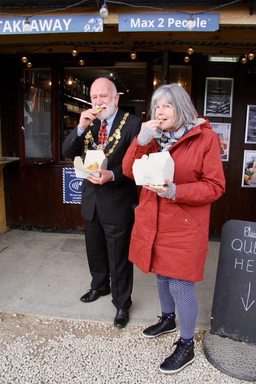 Bridport mayor and mayoress, Ian and Anne Bark, enjoy their Hive fish & chips in the new 100 per cent biodegradable boxes