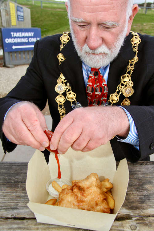 Bridport mayor Ian Bark enjoying the fish and chips
