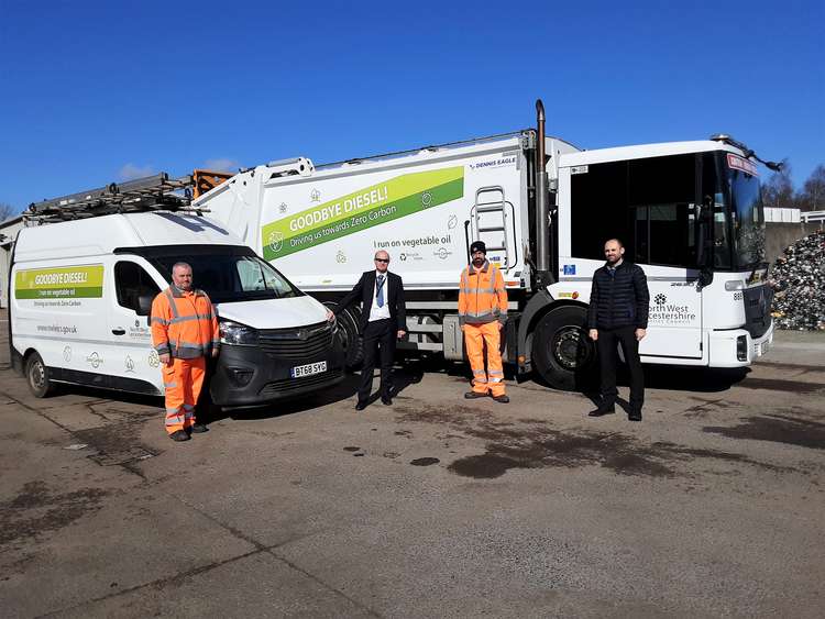 L-R: Street Cleansing's John Grant, Head of Community Services Paul Sanders, Street Cleansing's Paul Elverson and Portfolio Holder for Community Services Councillor Andrew Woodman with some of the HVO-powered fleet