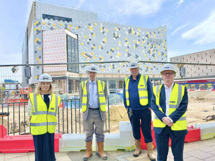 Civic leaders at the new site: Mandie Skeat, Deputy Chief Executive; Cllr Andrew Baggott, Cllr Anthony Hedley; Scott Logan, Chief Executive
