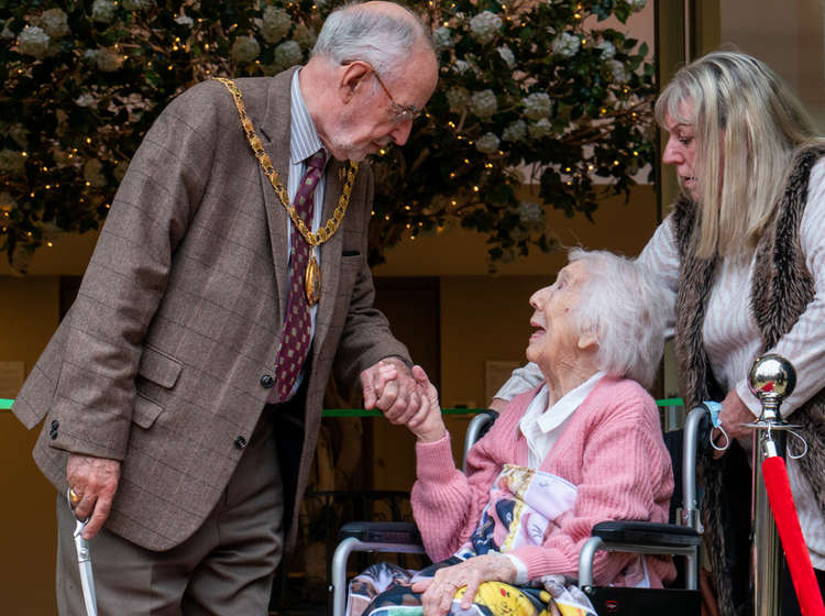 Congleton Mayor Denis Murphy with centenarian Dorothy Cartridge.