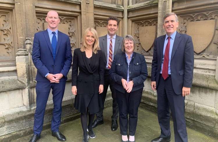 Congleton's Fiona Bruce MP (second right) with the other four Cheshire East MPs who's constituencies are facing similar changes; David Rutley MP (Macclesfield), Dr Kieran Mullan MP (Crewe & Nantwich), Edward Timpson CBE MP (Eddisbury), and Esther