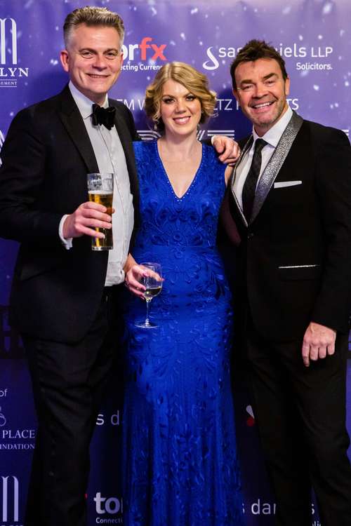 Managing Director of FFM, Andrew Chatterton, and Operations Director, Charlotte Chatterton, with compere for the night, Darren Proctor. (Image - Helen Cotton Photography)