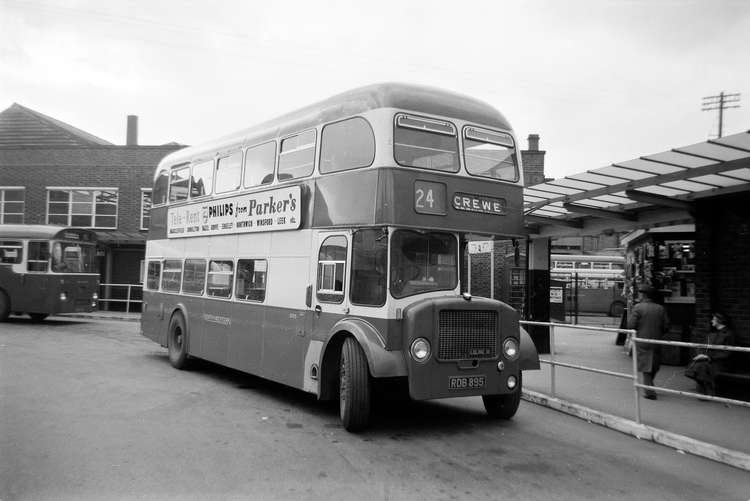 The 24 bus travelled from Macclesfield to Crewe and back every hour, calling at Congleton on the way. This bus wanted you to rent your Philips telly from Parker's (branches in Macclesfield, Congleton, Winsford and Leek). (Image - Museum of Transport, Gr