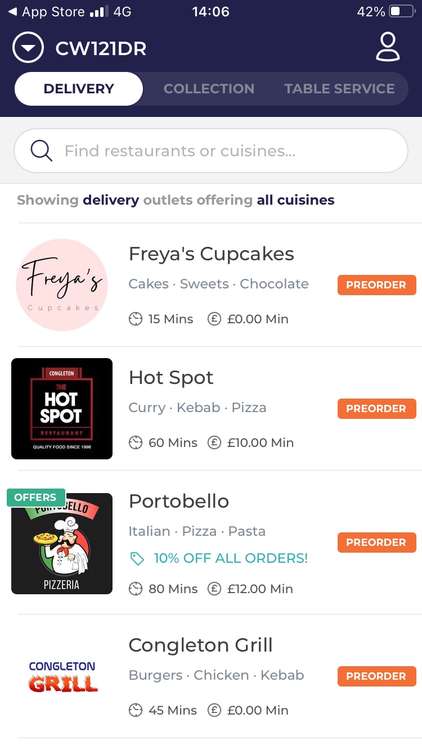 The app offers delivery and collection options.