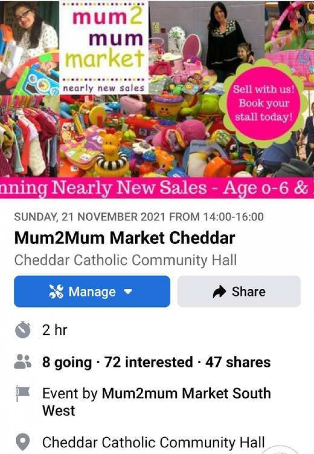 The Mum2Mum Market is taking place in Cheddar
