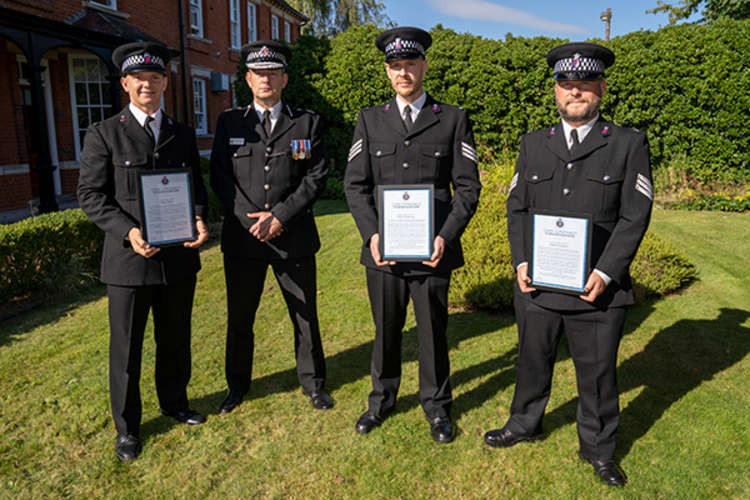 PC Joshua Brady, Sgt Robert Mackenzie and PC Stephen Gunshon with Chief Constable Ben-Julian Harrington and their commendations