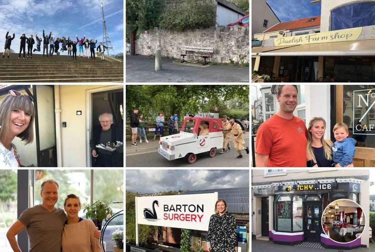 Top: Dawlish Swimming Club; Dave's Bench; Dawlish Farm Shop. Mid: Volunteering in Health; the Pram Race; No.1 Café owners. Bottom: Dawlish Community Hospital; Rebecca White; Sticky Rice