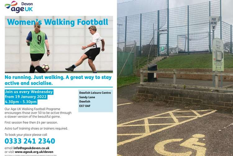 L: Age UK poster. R: AstroTurf pitch at Dawlish Leisure Centre