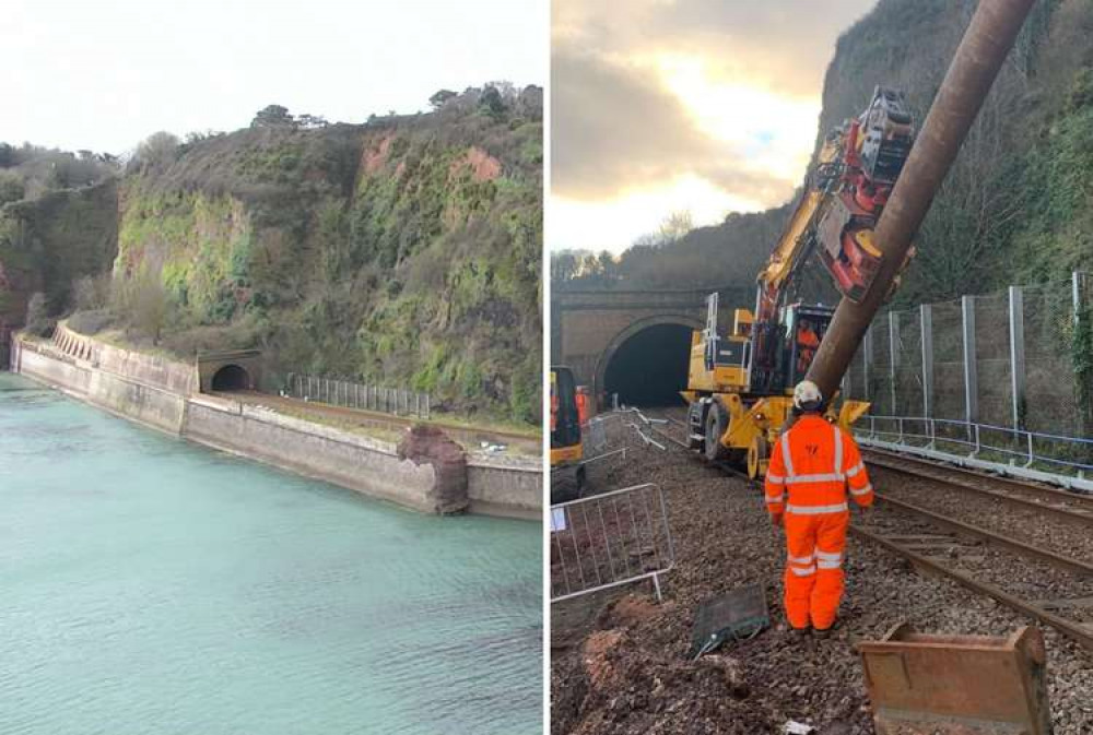 L: Aerial view of Parsons Tunnel work site (Network Rail). R: Road-Rail Vehicles being used to install pilings over Christmas period (South West Rail Resilience Programme)