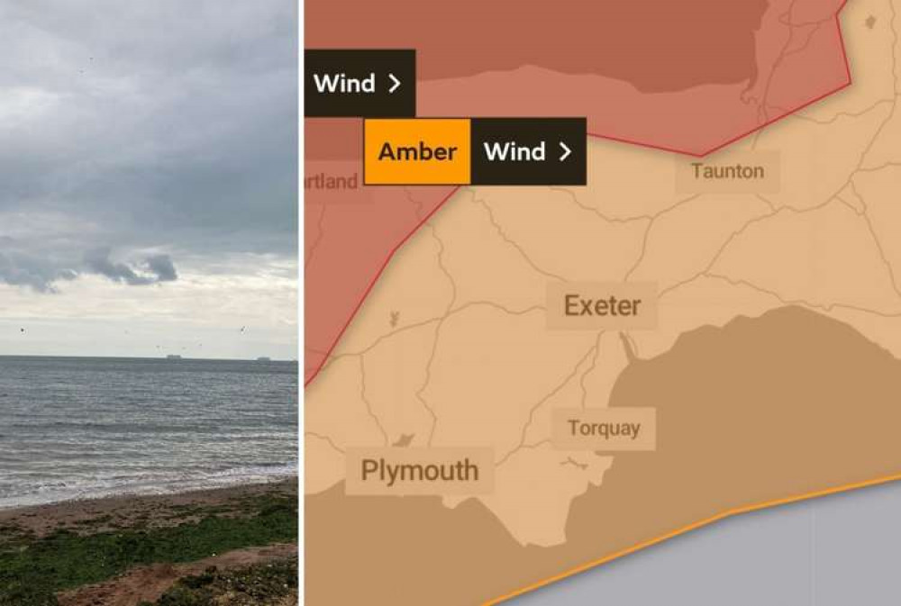 L: Dawlish town beach. R: Met Office weather warning