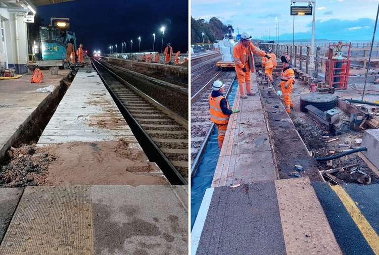 L: Resurfacing of landward platform. R: Reconstruction of seaward platform at Dawlish Railway Station (South West Rail Resilience Programme)